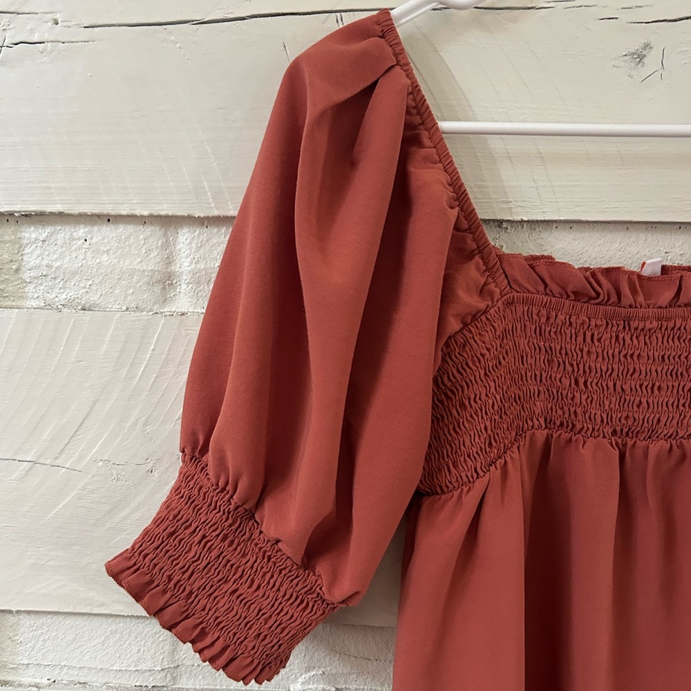 Kirundo Smocked Puff-Sleeve Maxi Dress • Rust Terracotta • Size Small - Picture 3 of 9